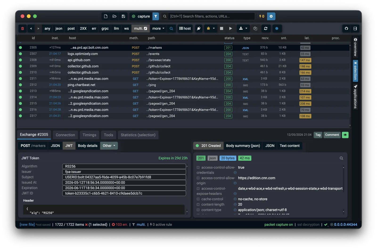 Fluxzy Desktop decoding a JWT token: header, payload, signature, algorithm and expiry