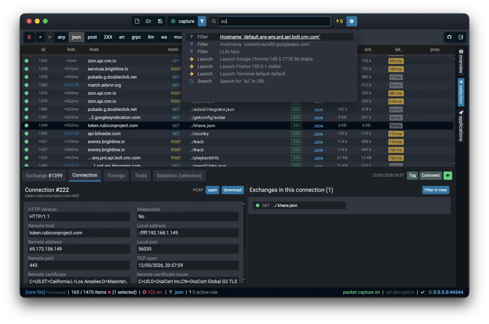 Fluxzy Desktop command palette showing filter, launch and search results across the application