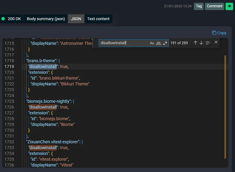 Monaco editor showing a JSON response with syntax highlighting