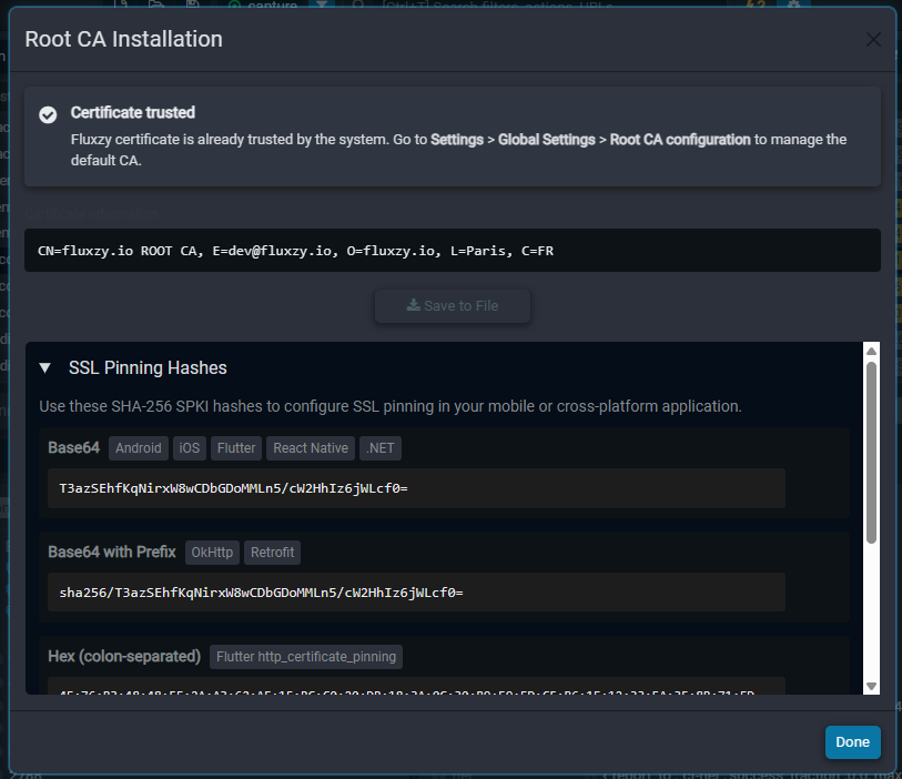 Certificate wizard showing multiple hash formats with copy buttons