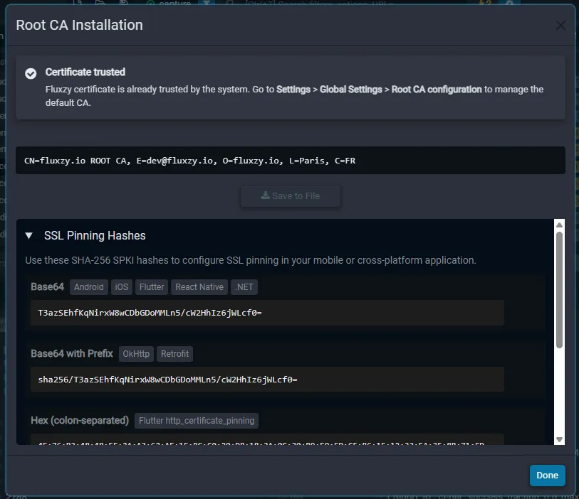 Certificate wizard showing multiple hash formats with copy buttons