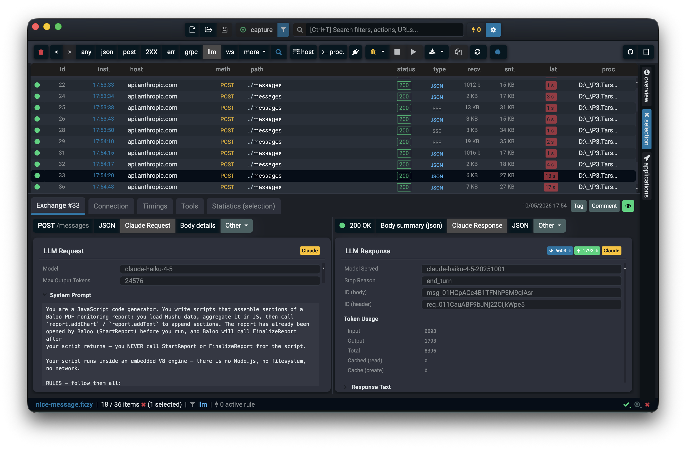 Fluxzy Desktop on Tauri capturing LLM API calls to Anthropic