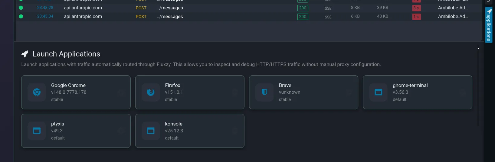Fluxzy Desktop run and hook dialog launching a console routed through the proxy