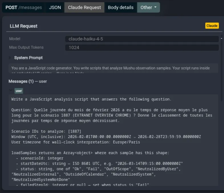 Fluxzy showing an LLM API request with system prompt and declared tools