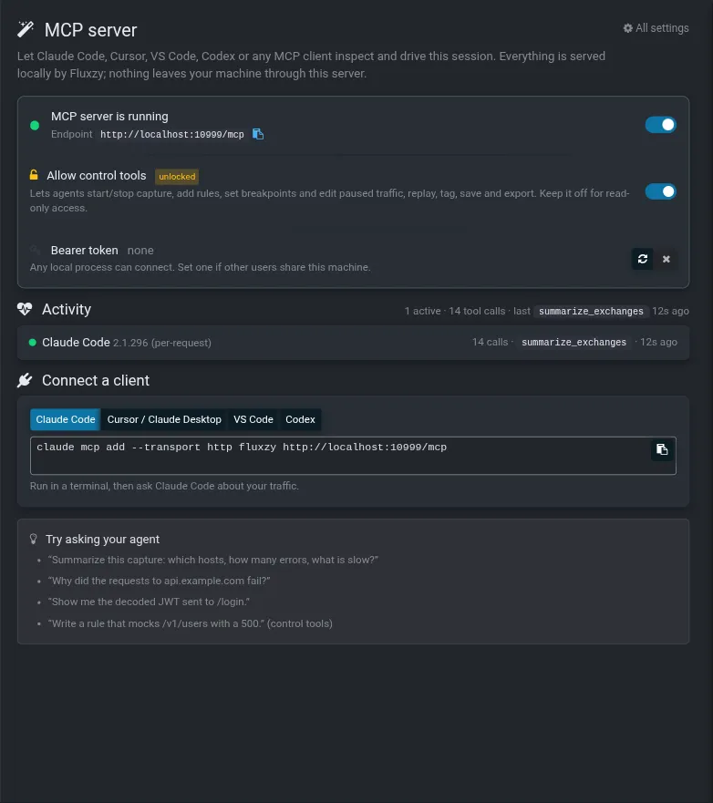 The mcp panel: server switch, control tools switch, bearer token, activity and client snippets