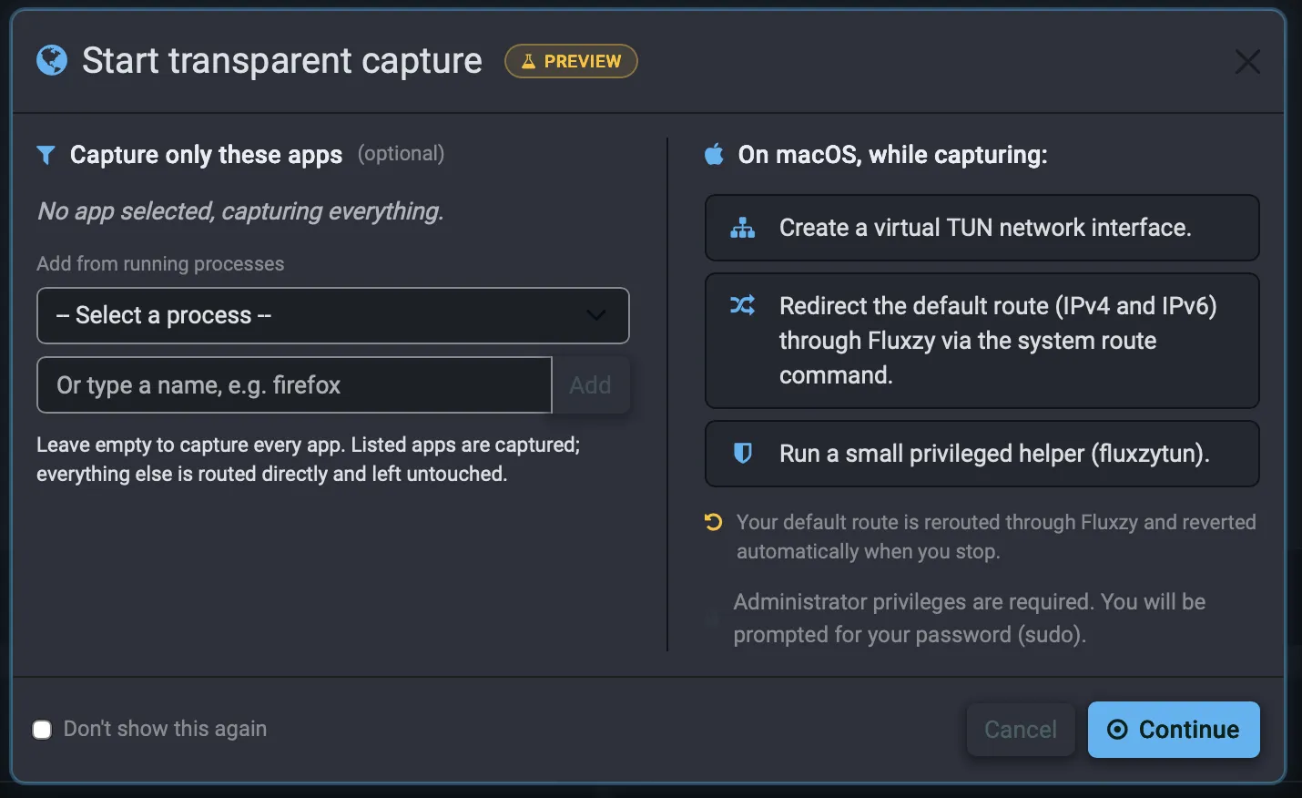 Start transparent capture dialog in Fluxzy Desktop on macOS