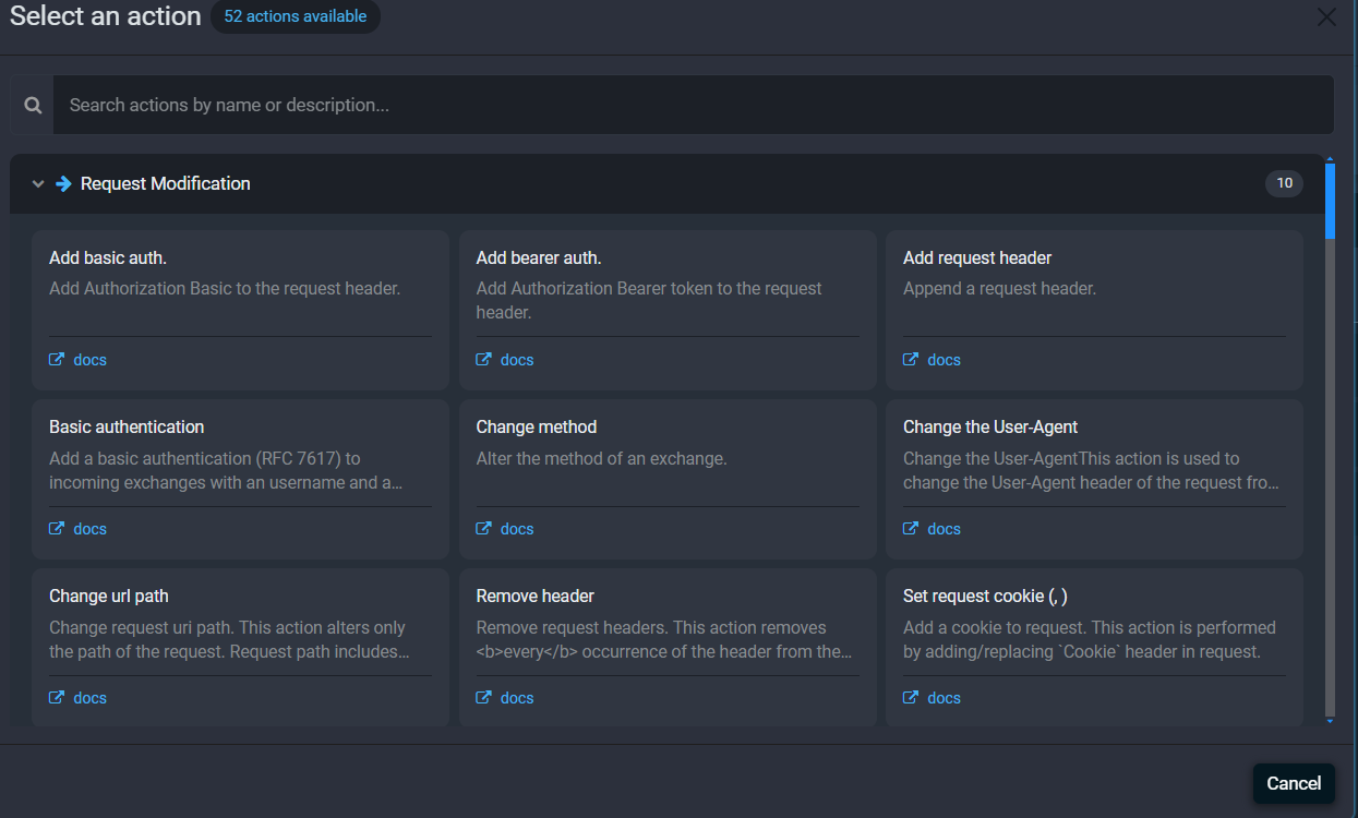 Fluxzy Select an action dialog showing the Request Modification category with action cards