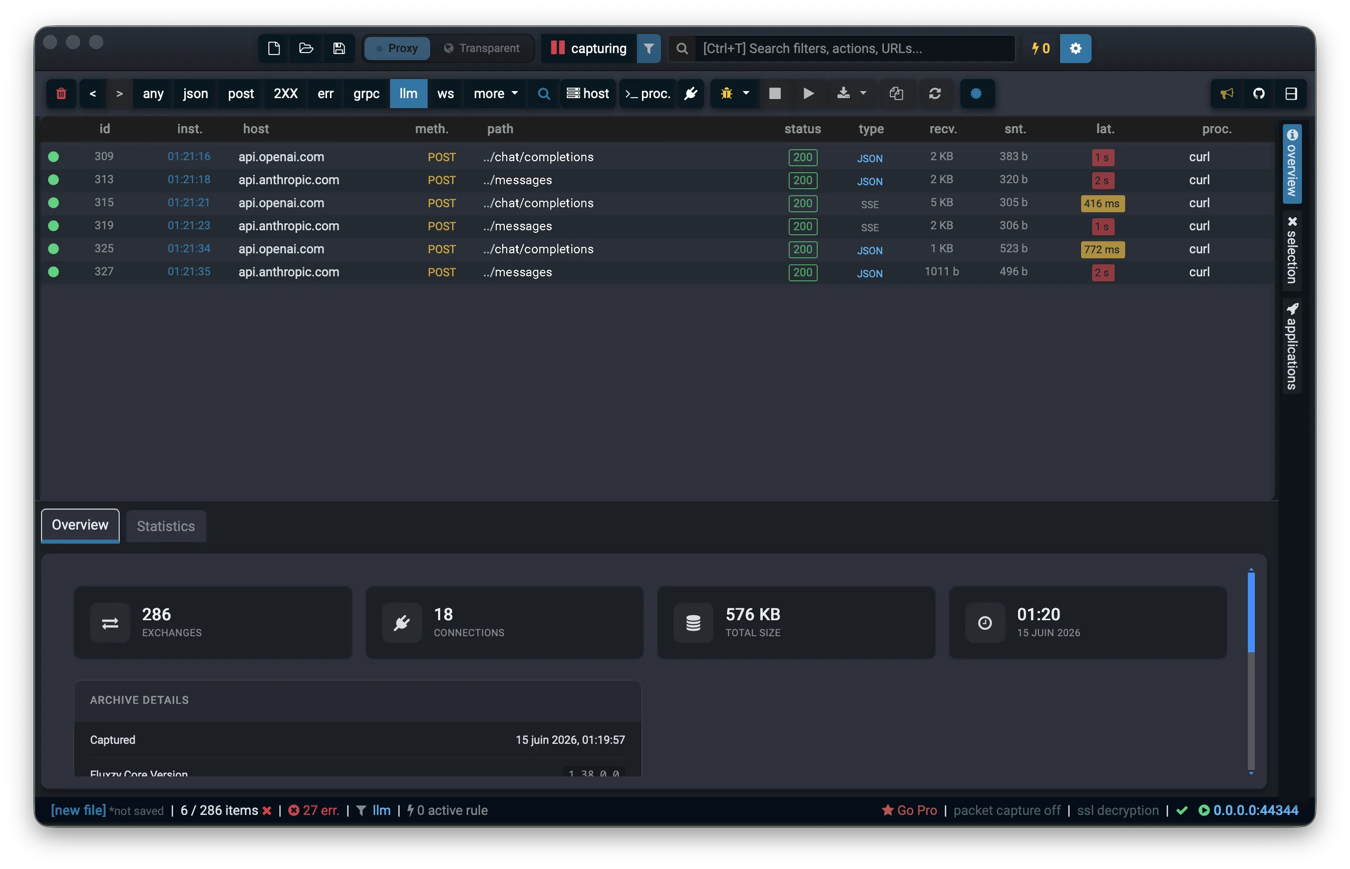 Fluxzy exchange list filtered to OpenAI and Anthropic API calls