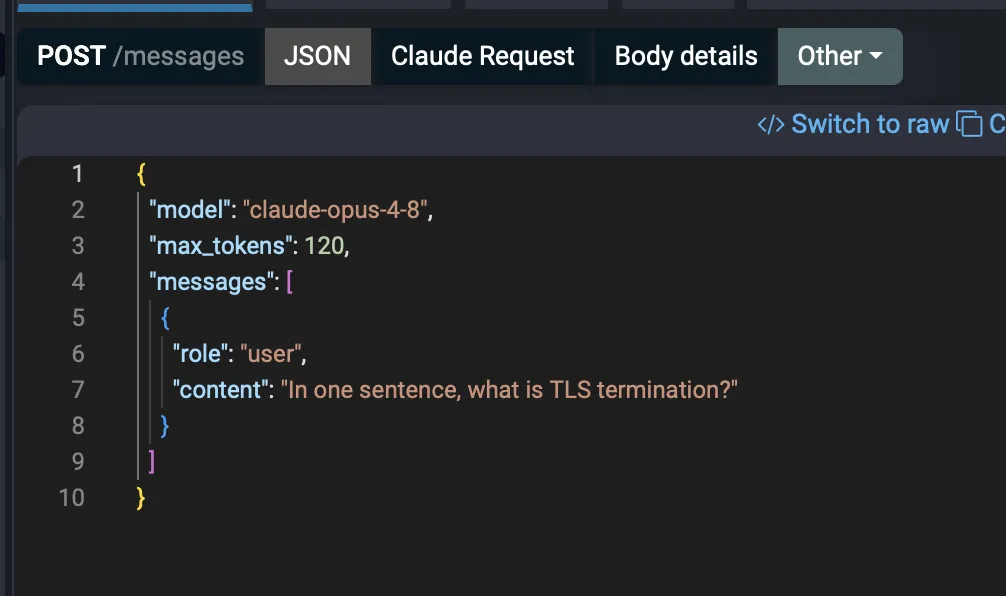Anthropic Claude messages request body shown as JSON in Fluxzy