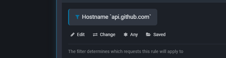 Fluxzy Apply When section with a Hostname filter badge and the Edit, Change, Any and Saved buttons