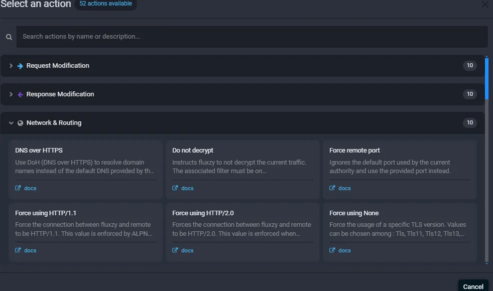 Fluxzy Select an action dialog with the Network and Routing category showing DNS over HTTPS, Force using HTTP/1.1 and Force using HTTP/2.0