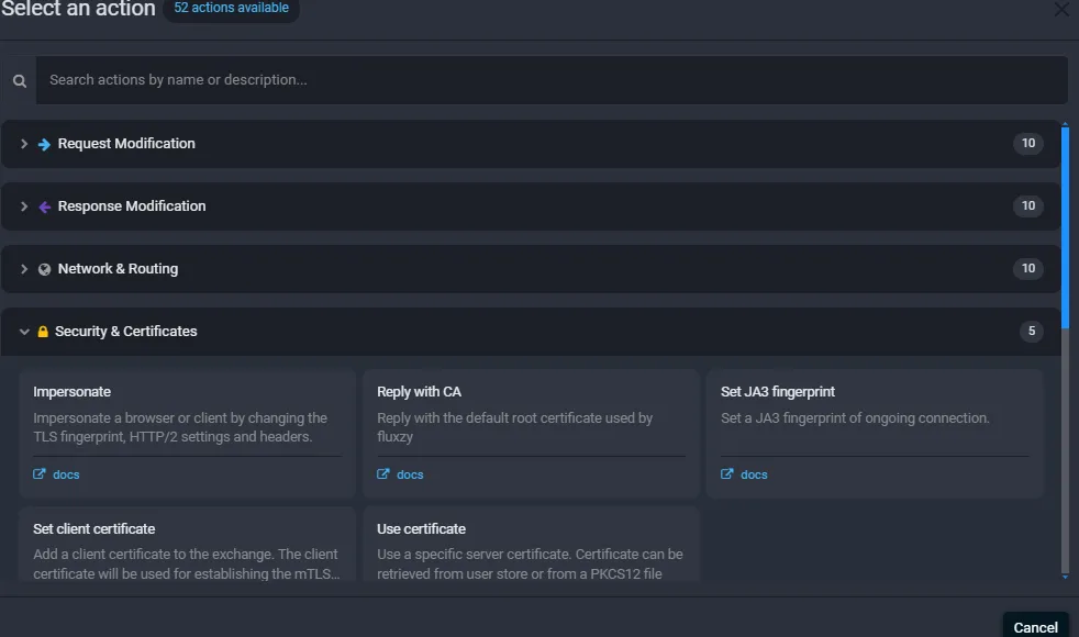 Fluxzy Select an action dialog with the Security and Certificates category showing Impersonate, Set JA3 fingerprint and Use certificate