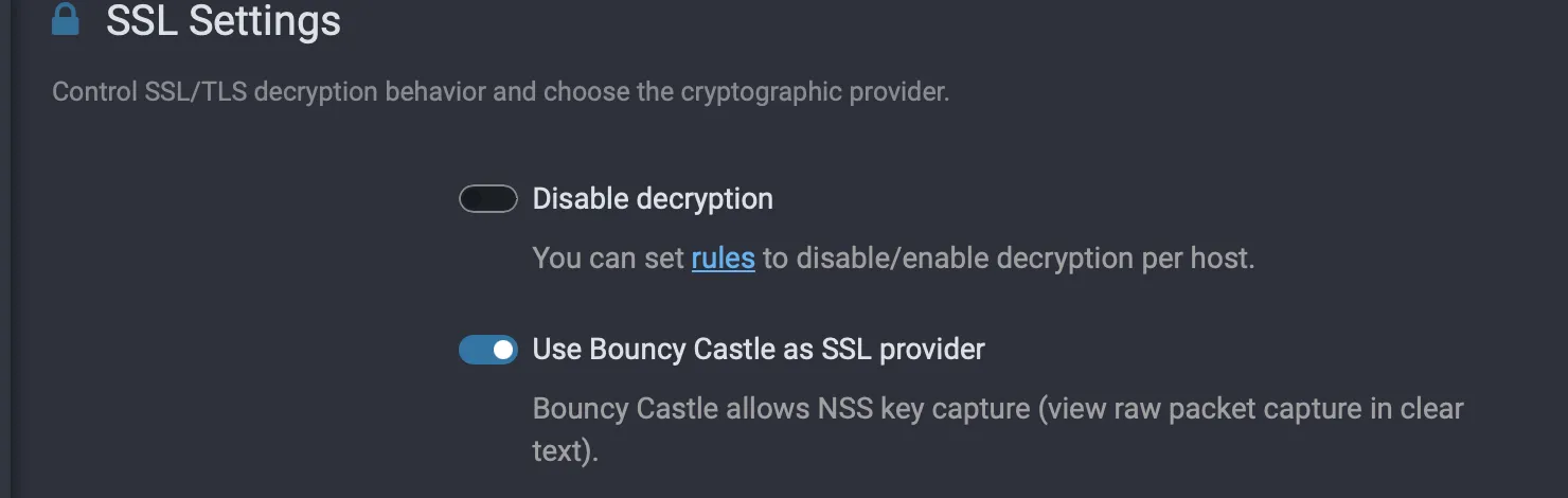SSL Settings with Use Bouncy Castle as SSL provider enabled for NSS key capture