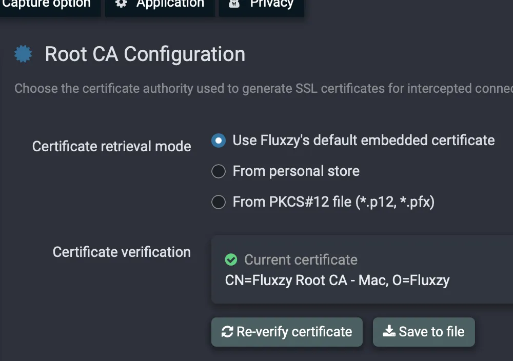 Fluxzy Root CA Configuration detail