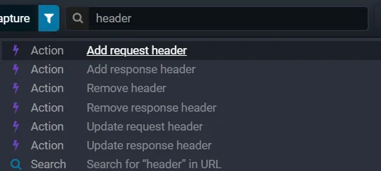 Search Everywhere listing header actions for the query "header": add, remove and update request and response headers