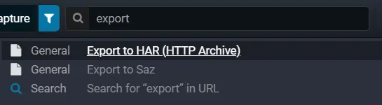 Search Everywhere listing export commands for the query "export": export to HAR and export to SAZ