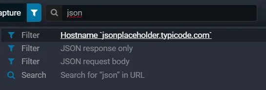 Search Everywhere suggesting filters for the query "json": a host filter built from captured traffic plus JSON response and request filters