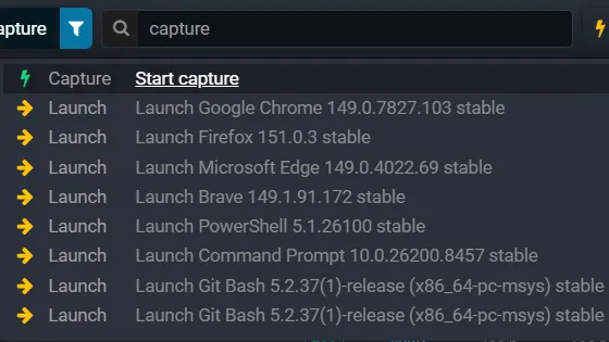 Search Everywhere listing detected apps to launch through Fluxzy: Chrome, Firefox, Edge, Brave, PowerShell, Command Prompt and Git Bash, plus a Start capture command