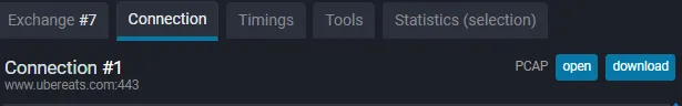 PCAP open and download buttons in the Connection panel header, for the single TCP connection used by the selected exchange
