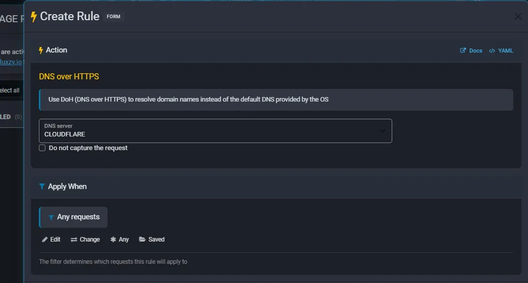 Fluxzy Create Rule editor with the DNS over HTTPS action and CLOUDFLARE selected as the DNS server