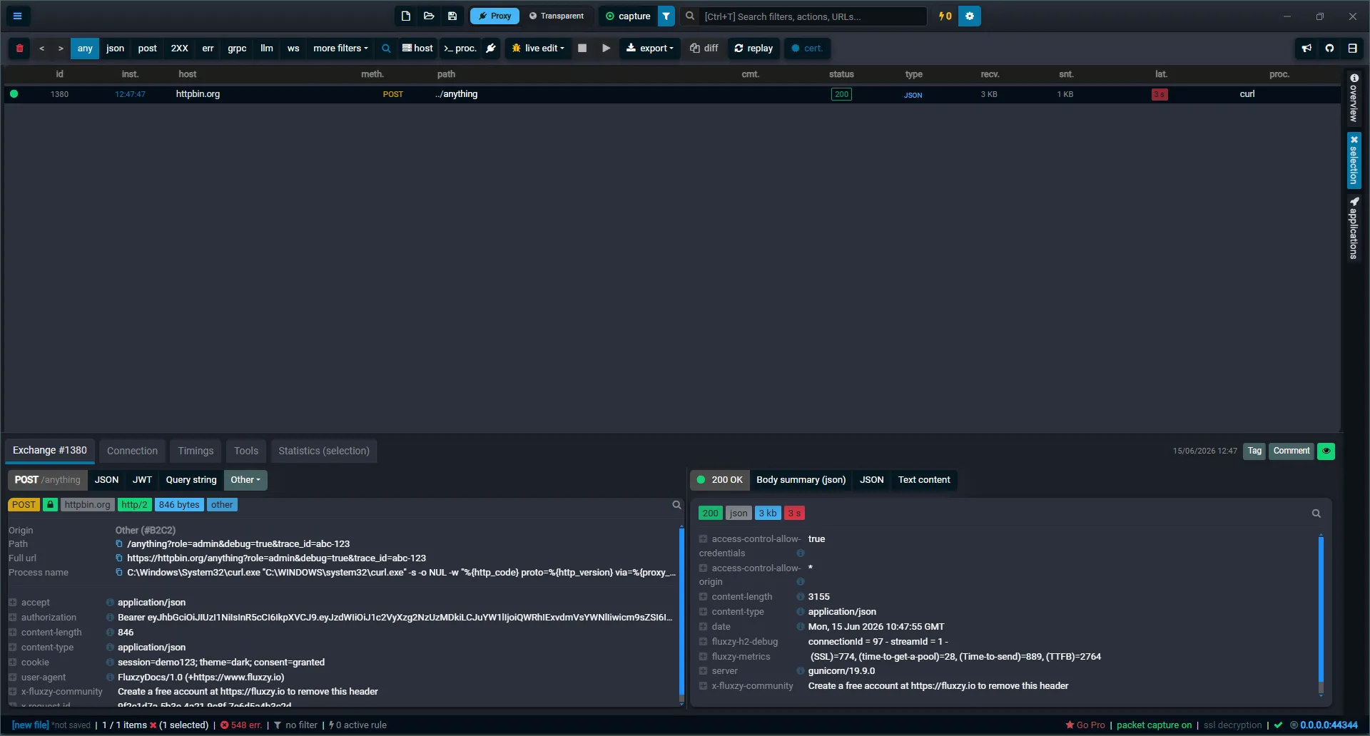 Fluxzy exchange detail view showing request and response headers side by side