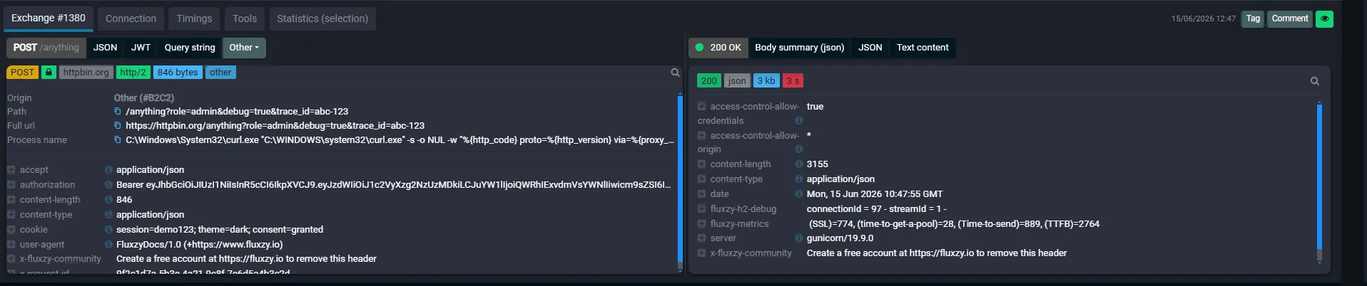 Request and response headers in the Fluxzy exchange detail view