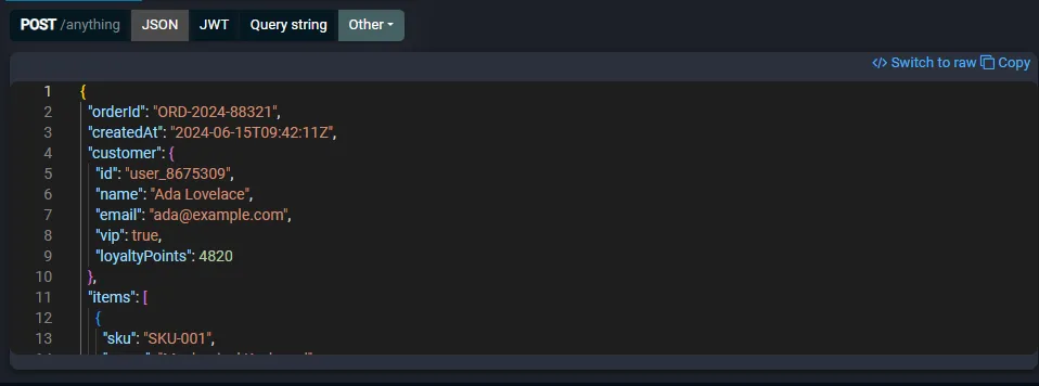 Request JSON body formatted in the Monaco editor