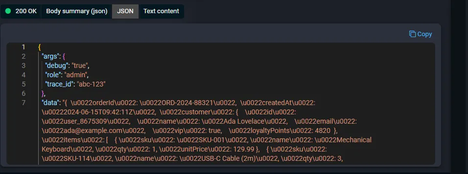 Response JSON body formatted in the Monaco editor