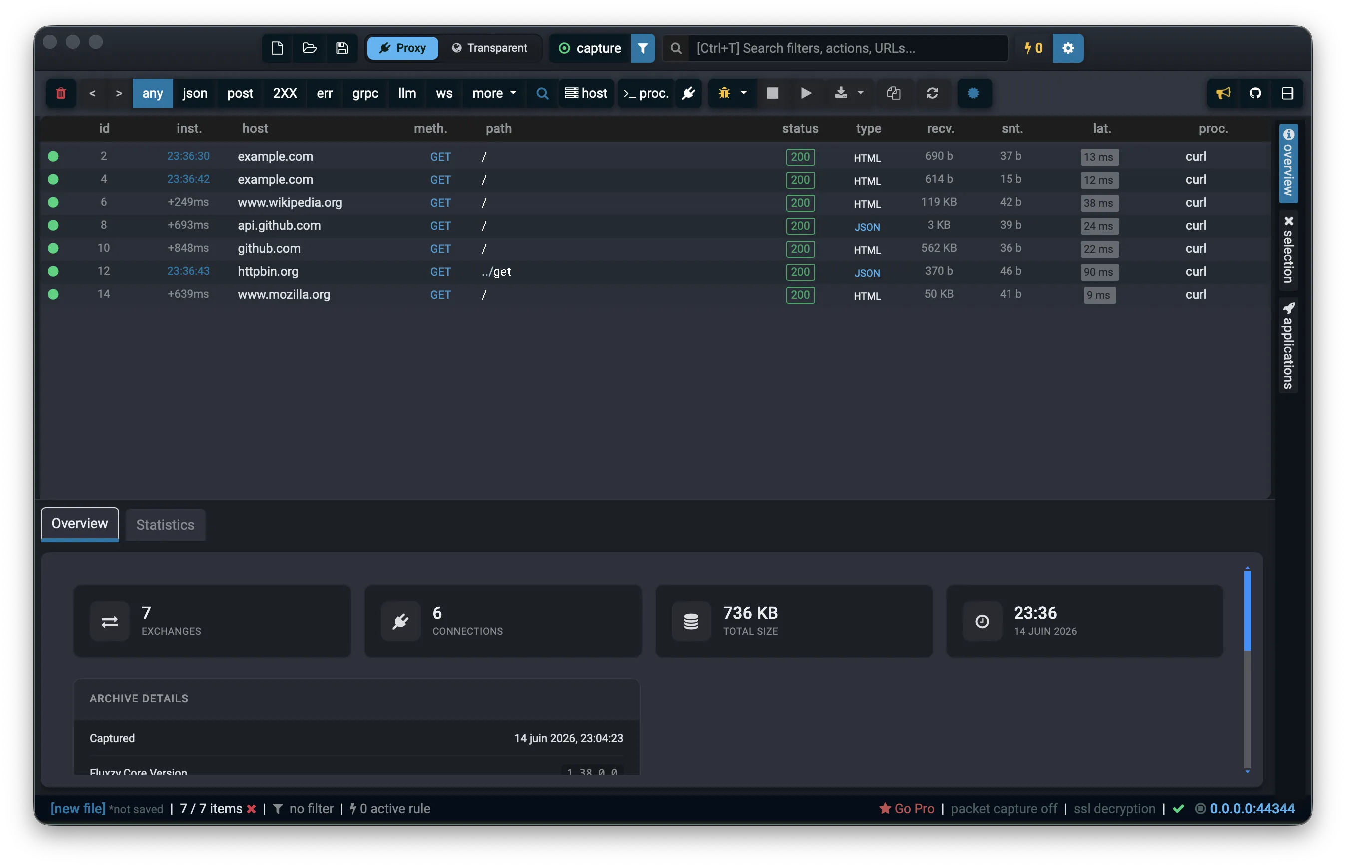 Decrypted HTTPS exchanges captured in Fluxzy