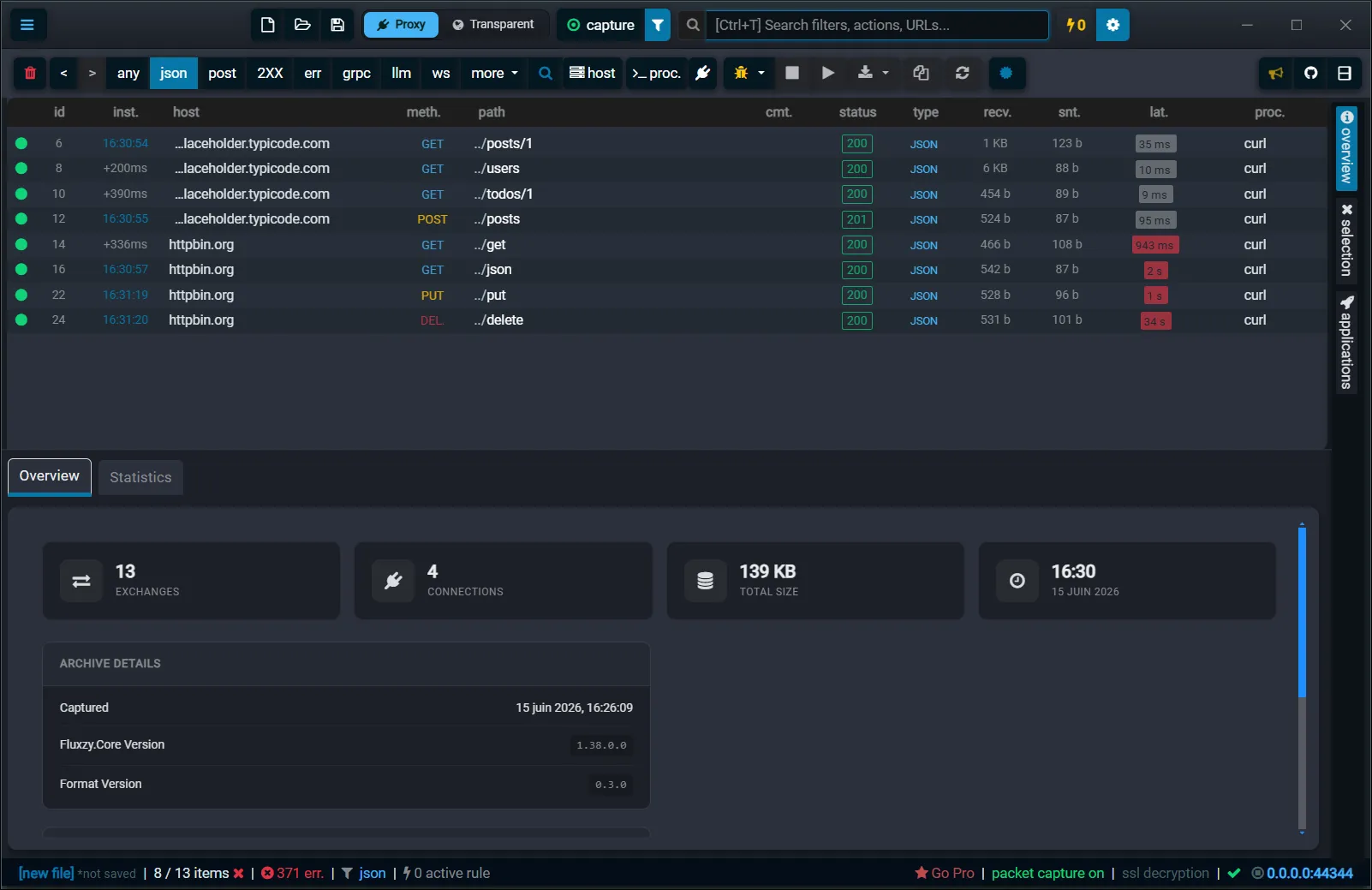 The Fluxzy exchange list filtered to JSON responses after picking a filter from Search Everywhere, with the status bar showing 8 of 13 items