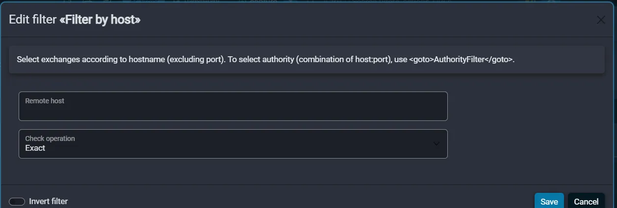 Fluxzy Edit filter by host dialog with the Remote host field, Check operation selector and Invert filter toggle