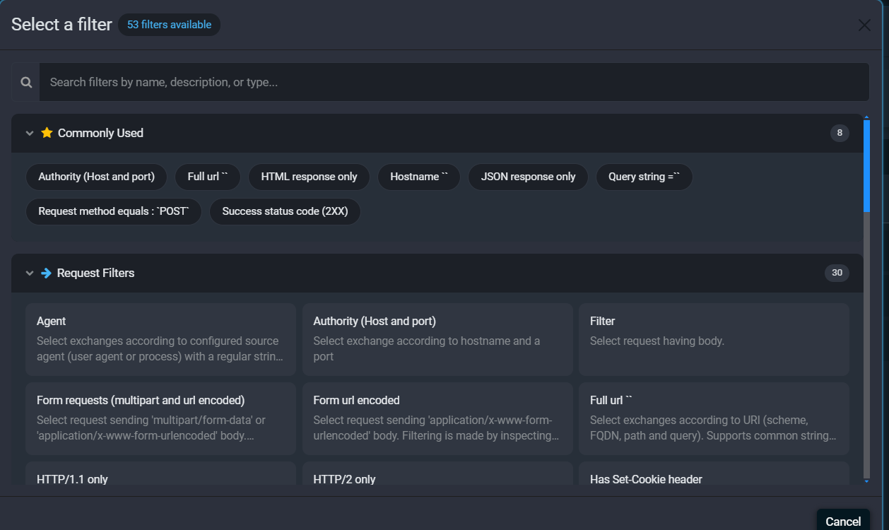 Fluxzy Select a filter dialog with Commonly Used filters and request filter groups