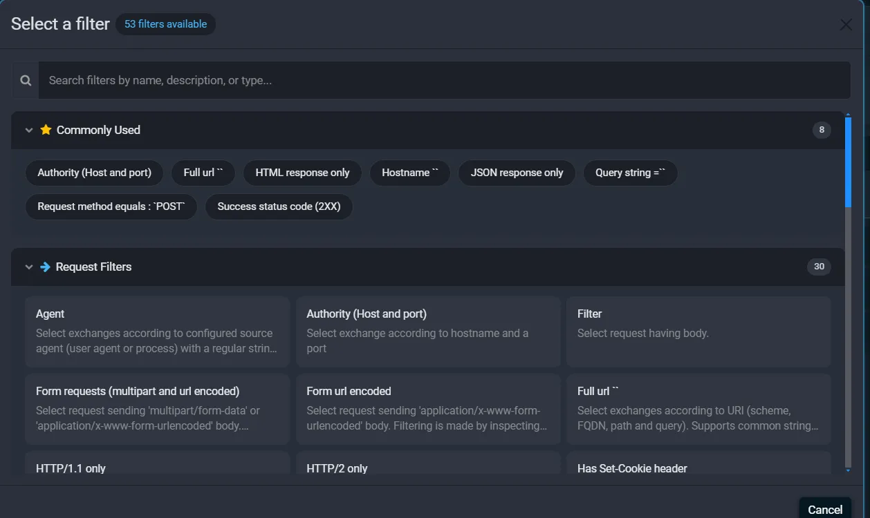 Fluxzy Select a filter dialog with Commonly Used filters and request filter groups