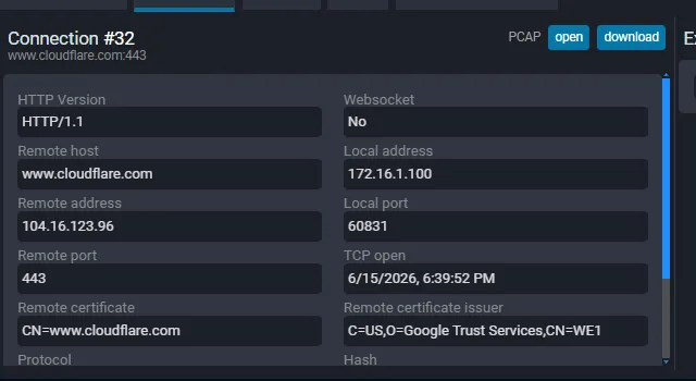 Fluxzy Connection tab showing HTTP Version HTTP/1.1 for the same www.cloudflare.com host after applying Force using HTTP/1.1