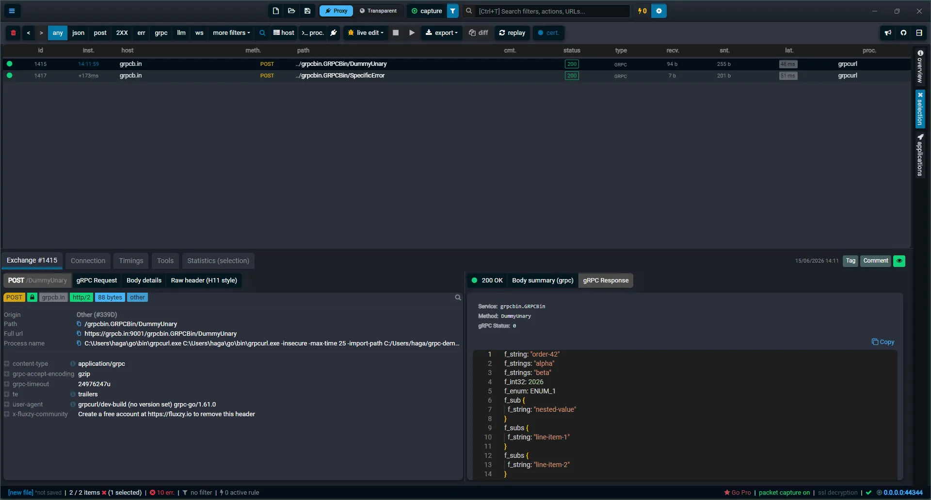 Fluxzy showing a decoded gRPC exchange: request headers and the decoded response message