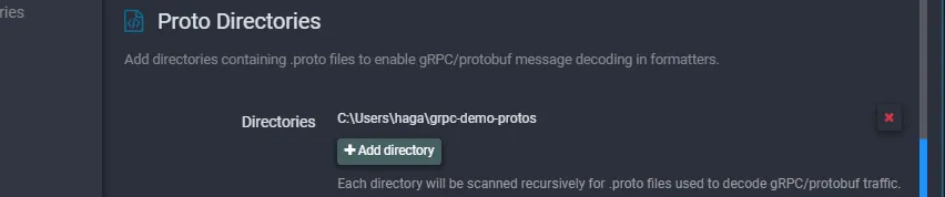 Proto Directories setting in Fluxzy Global Settings with a directory added