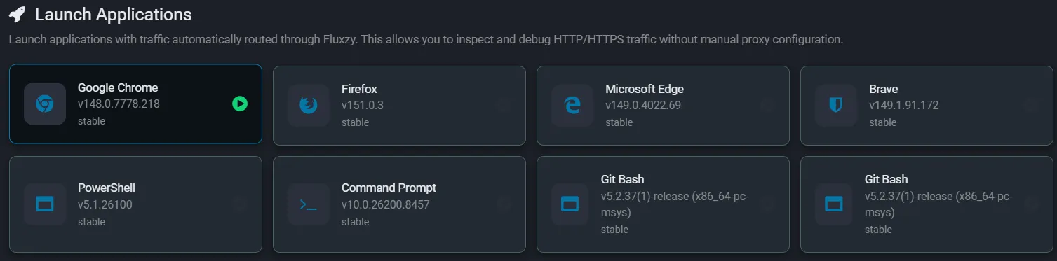 Fluxzy Launch Applications panel listing detected browsers and terminals to launch pre-hooked