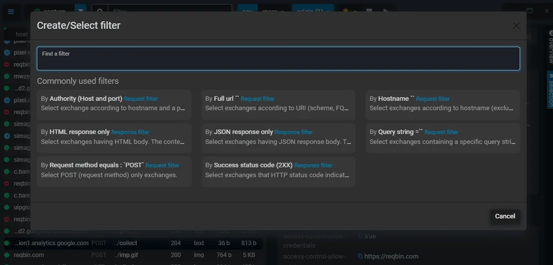 create and select filter
