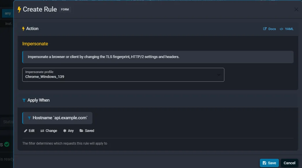 Fluxzy Create Rule editor with the Impersonate action, profile Chrome_Windows_139 selected, scoped to the api.example.com hostname
