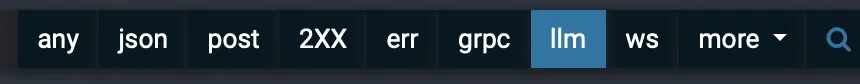Fluxzy filter toolbar with the llm quick-filter pill selected