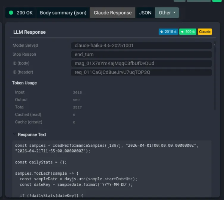 Decoded Claude Response view in Fluxzy showing model served, stop reason, ids and token usage