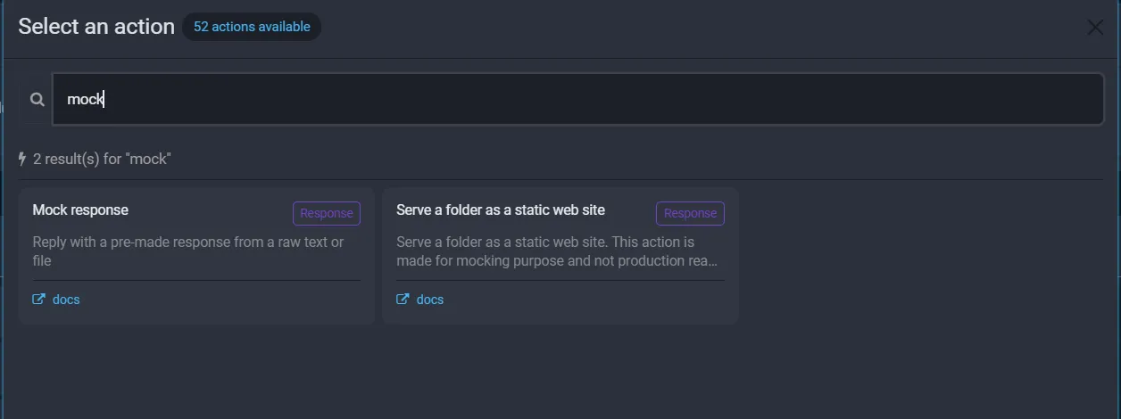Fluxzy action picker filtered to mock, showing the Mock response action