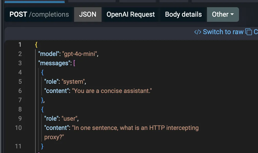 OpenAI chat completion request body shown as JSON in Fluxzy