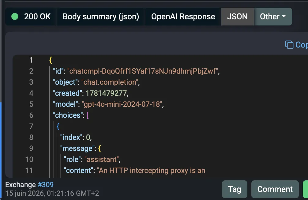 OpenAI chat completion response body shown as JSON in Fluxzy