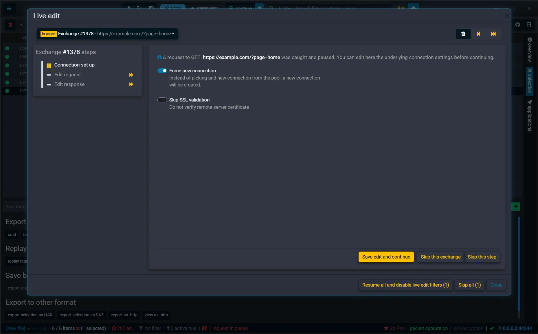 The Live edit window showing the replayed request paused, with Connection set up, Edit request and Edit response steps