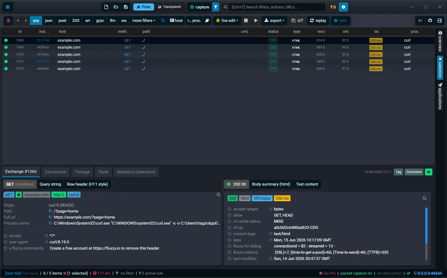 Fluxzy Desktop with a captured request selected and the replay button in the toolbar