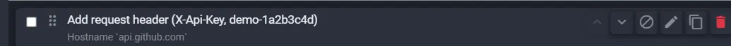 Fluxzy rule card showing move up, move down, disable, edit, duplicate and delete controls on hover