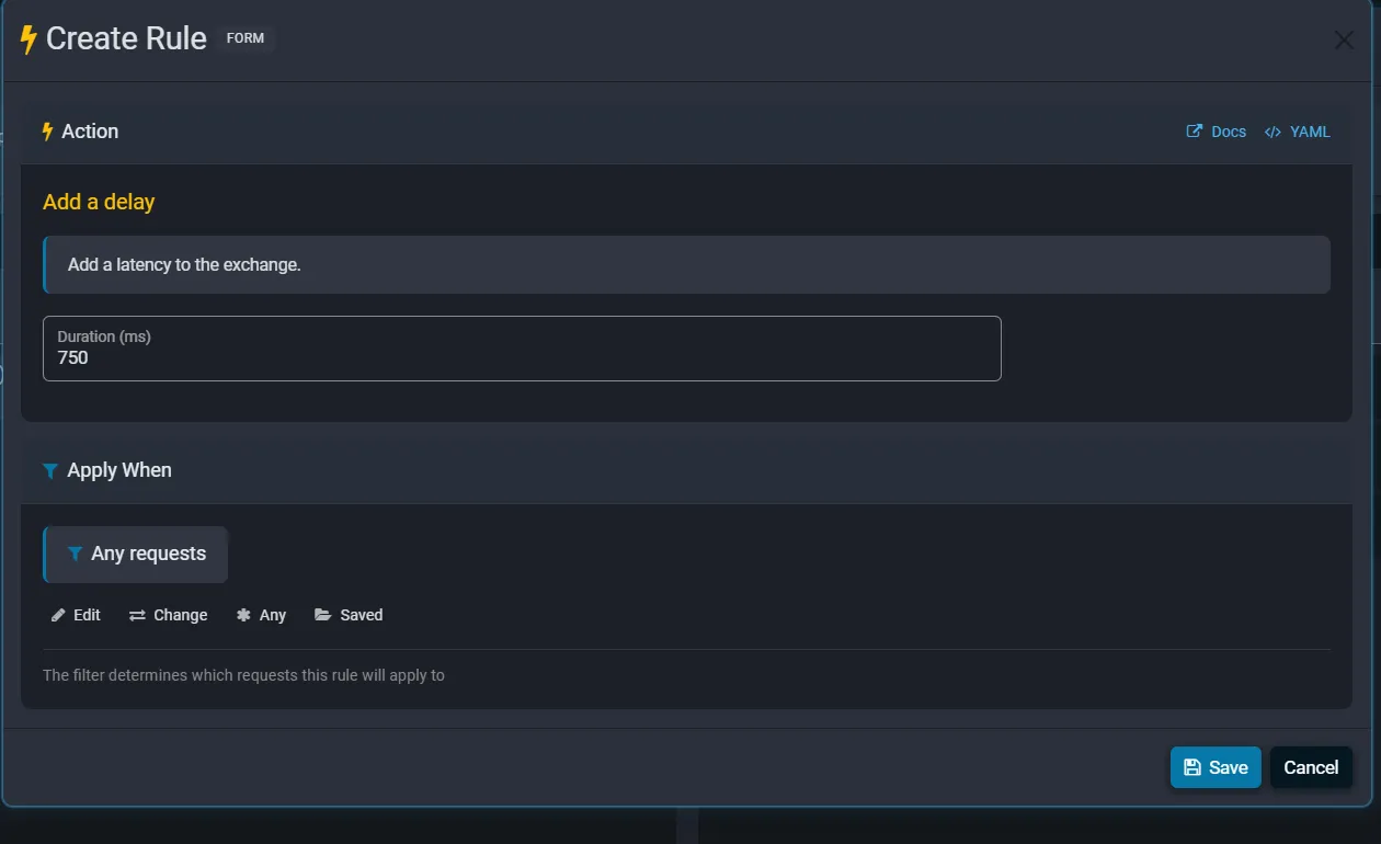 Fluxzy rule that adds a 750 millisecond delay applied to any request