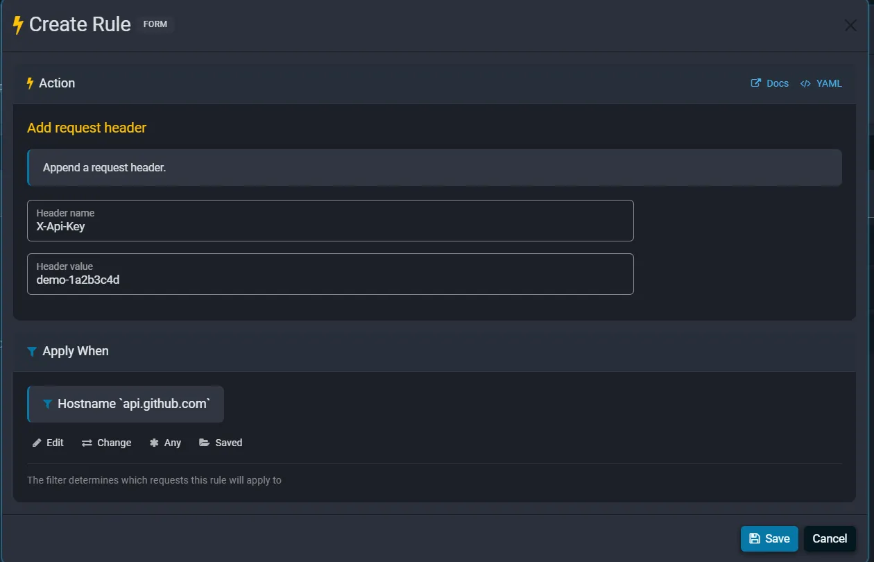 Fluxzy Create Rule editor showing the Action section with header fields and the Apply When section
