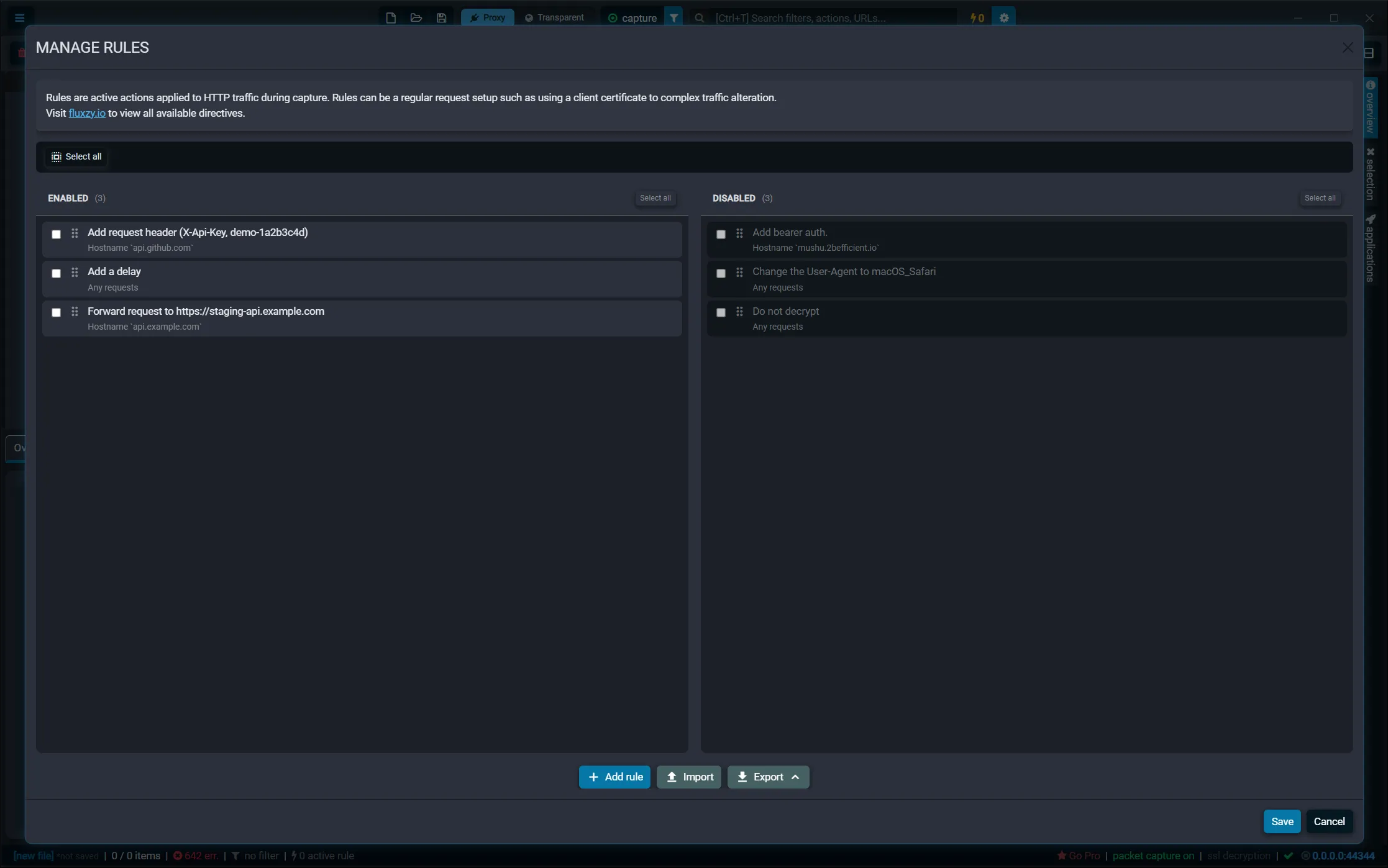 Fluxzy Manage Rules dialog with enabled and disabled rules in two columns